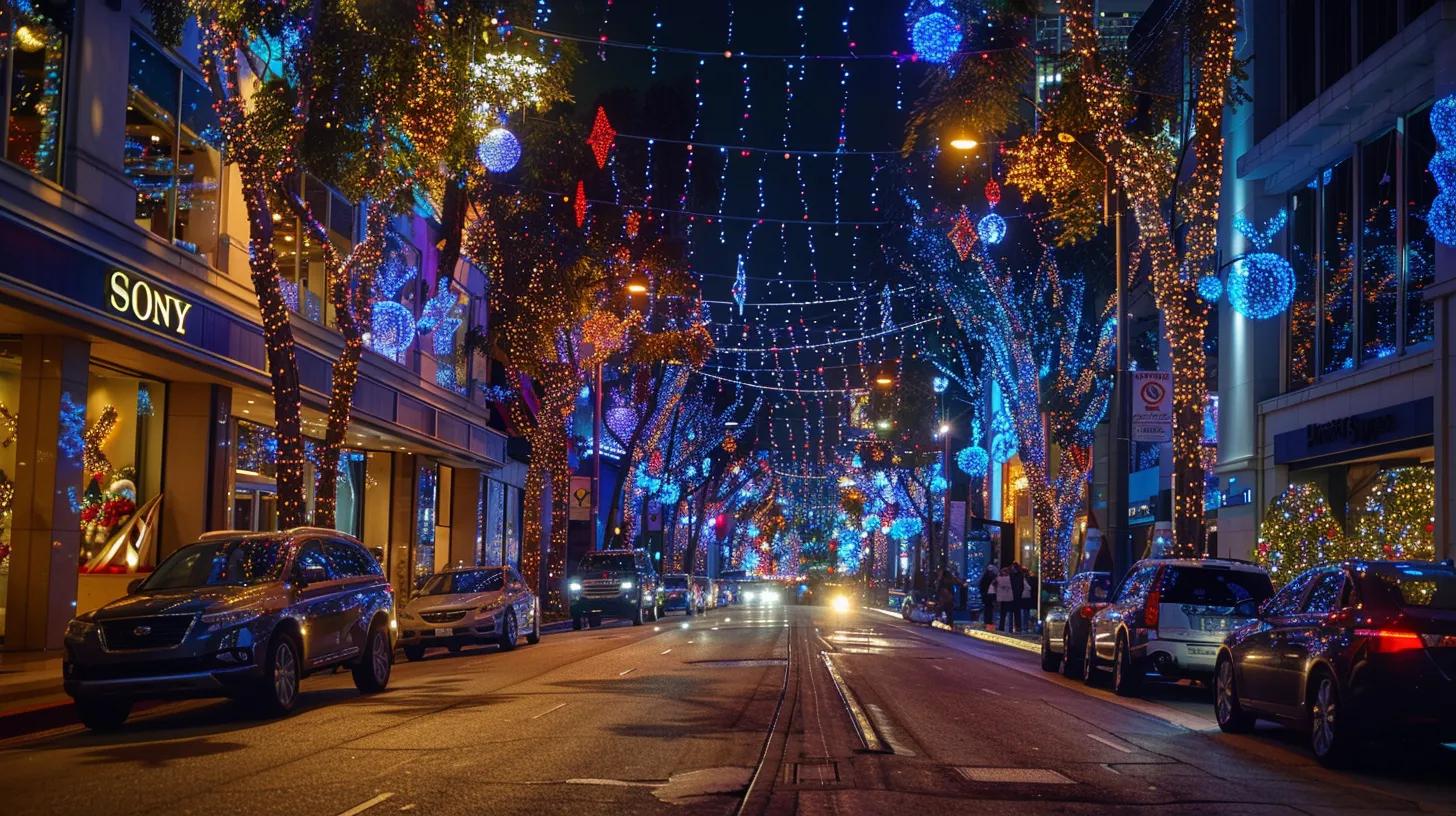 a vibrant holiday lighting showcase illuminates a stylish urban street in west hollywood, featuring intricately designed light displays on contemporary architecture, with a backdrop of festive decorations reflecting a bustling seasonal atmosphere.