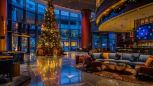 a vibrant urban hotel lobby adorned with dazzling holiday lighting, featuring dynamic color transitions and elegant decorations that create a warm and inviting atmosphere for festive gatherings.