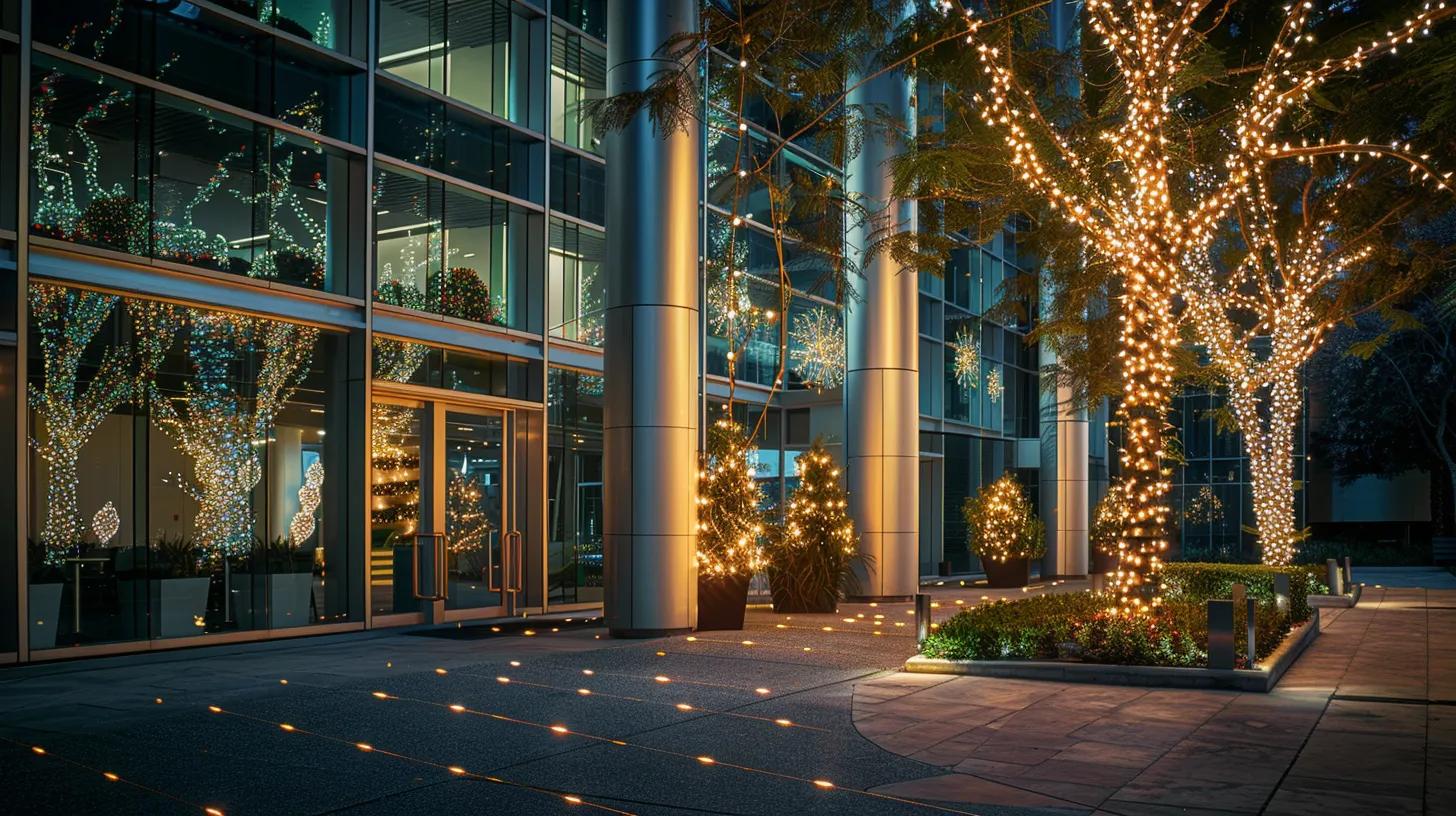 a dazzling display of professionally installed christmas lights illuminates the sleek facade of a modern los angeles office building, showcasing the festive transformation that local businesses rely on for their holiday celebrations. a dazzling display of professionally installed christmas lights illuminates the sleek facade of a modern los angeles office building, showcasing the festive transformation that local businesses rely on for their holiday celebrations.