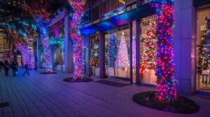 a dazzling display of high-end christmas lights adorns the elegant facade of a bustling los angeles county business, illuminating the urban setting with festive colors that attract and engage passersby.