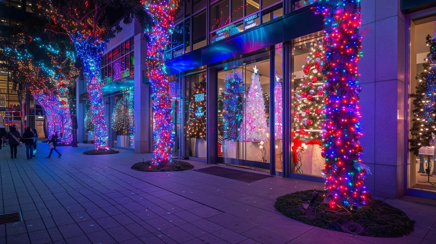 a dazzling display of high-end christmas lights adorns the elegant facade of a bustling los angeles county business, illuminating the urban setting with festive colors that attract and engage passersby. a dazzling display of high-end christmas lights adorns the elegant facade of a bustling los angeles county business, illuminating the urban setting with festive colors that attract and engage passersby.