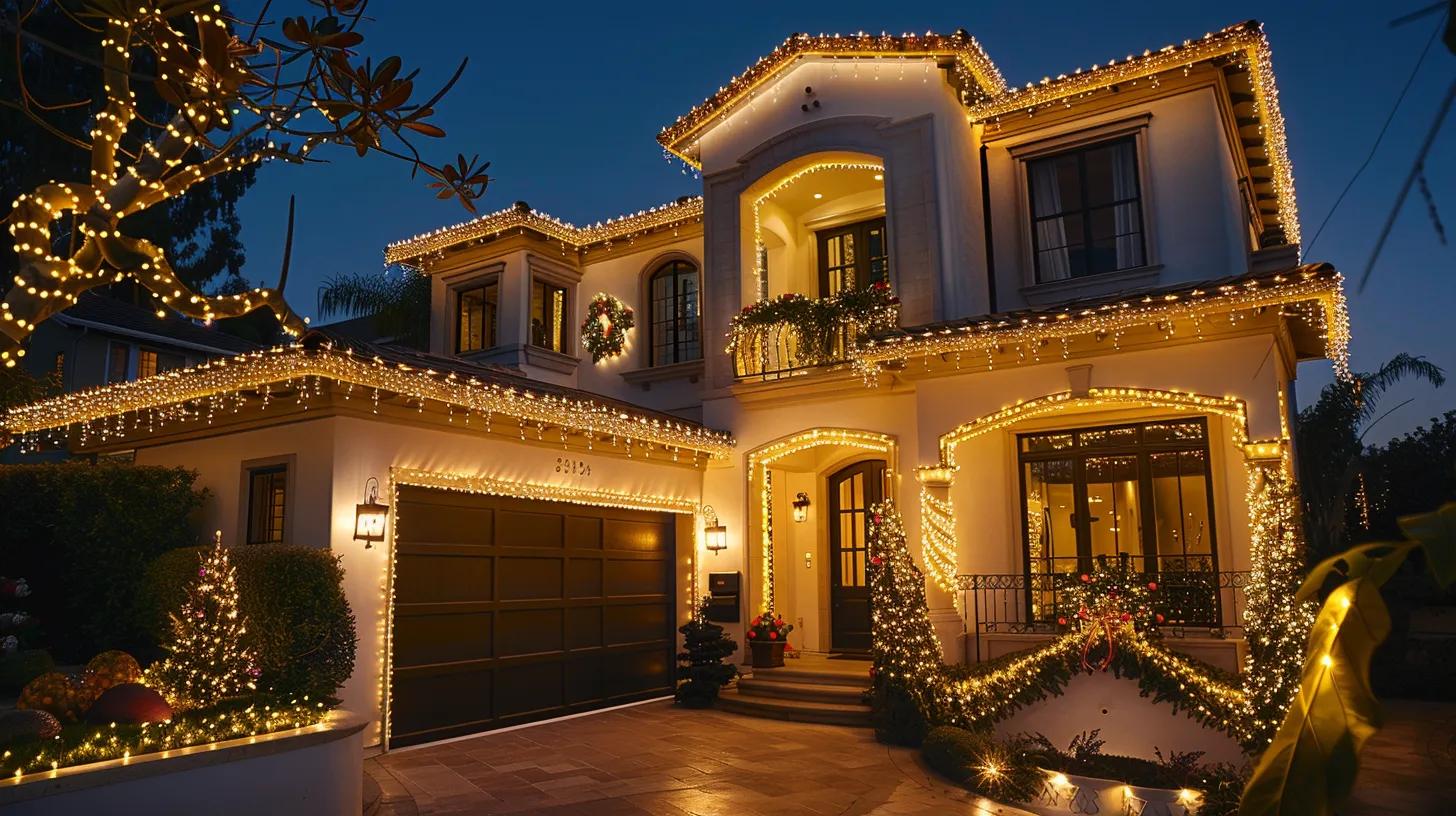 a luxurious urban exterior showcases a beautifully illuminated home, adorned with intricate high-end christmas lighting designs, emphasizing the festive ambiance and elegance of upscale holiday decor in a bustling los angeles neighborhood. a luxurious urban exterior showcases a beautifully illuminated home, adorned with intricate high-end christmas lighting designs, emphasizing the festive ambiance and elegance of upscale holiday decor in a bustling los angeles neighborhood.