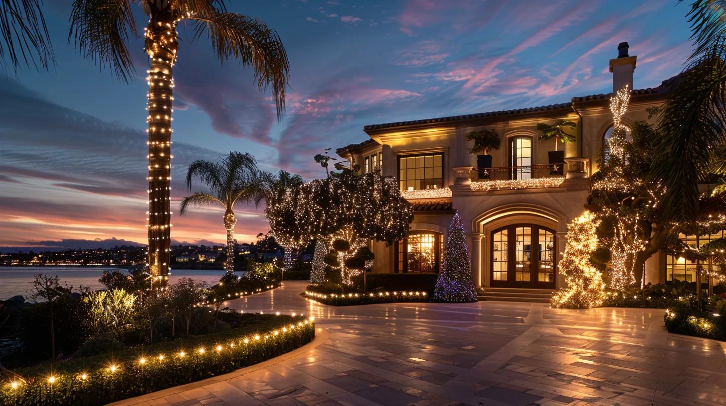 a mesmerizing evening scene showcases a beautifully illuminated newport beach property, adorned with intricate holiday lighting designs that gleam against the twilight skyline, highlighting the expertise of professional installers. a mesmerizing evening scene showcases a beautifully illuminated newport beach property, adorned with intricate holiday lighting designs that gleam against the twilight skyline, highlighting the expertise of professional installers.