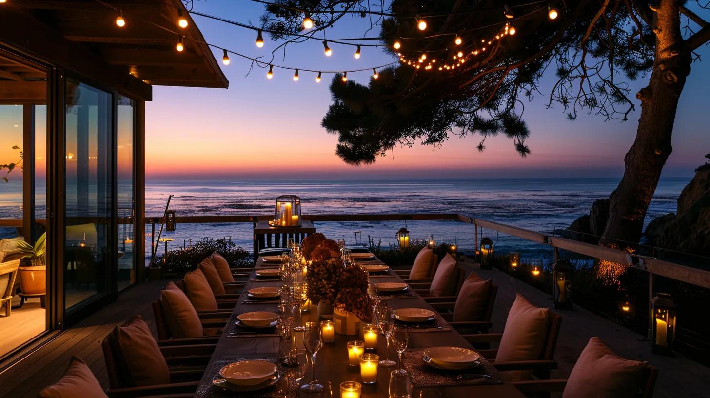 a sophisticated coastal outdoor dining setup in laguna beach, elegantly illuminated with modern, energy-efficient lighting, showcases beautifully arranged decor that enhances the oceanfront ambiance while inviting festive gatherings. a sophisticated coastal outdoor dining setup in laguna beach, elegantly illuminated with modern, energy-efficient lighting, showcases beautifully arranged decor that enhances the oceanfront ambiance while inviting festive gatherings.
