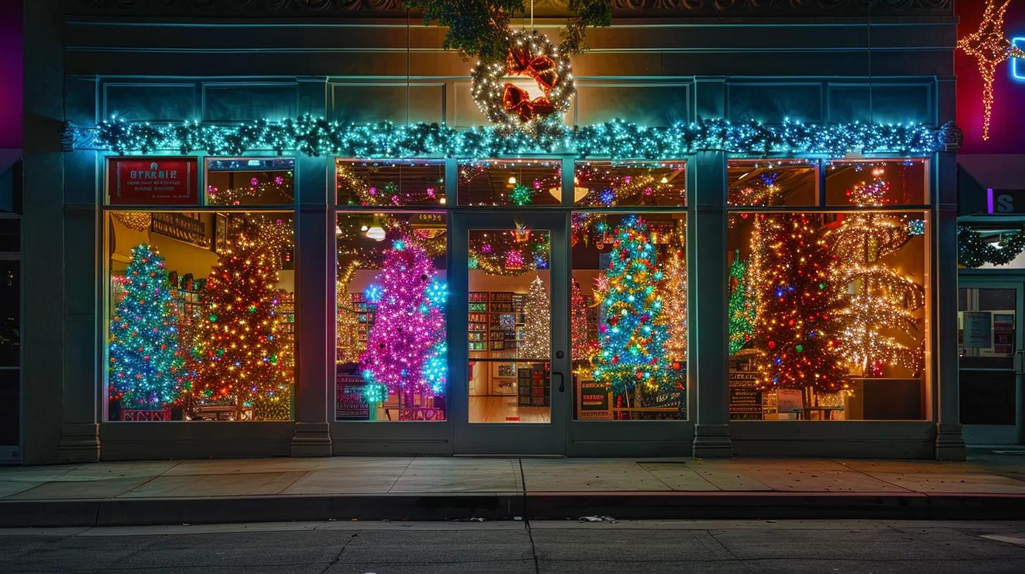 a vibrant los angeles county storefront adorned with strategically placed holiday lights in a dazzling array of colors, creating a festive and inviting atmosphere that captivates passersby and elevates the business appeal. a vibrant los angeles county storefront adorned with strategically placed holiday lights in a dazzling array of colors, creating a festive and inviting atmosphere that captivates passersby and elevates the business appeal.